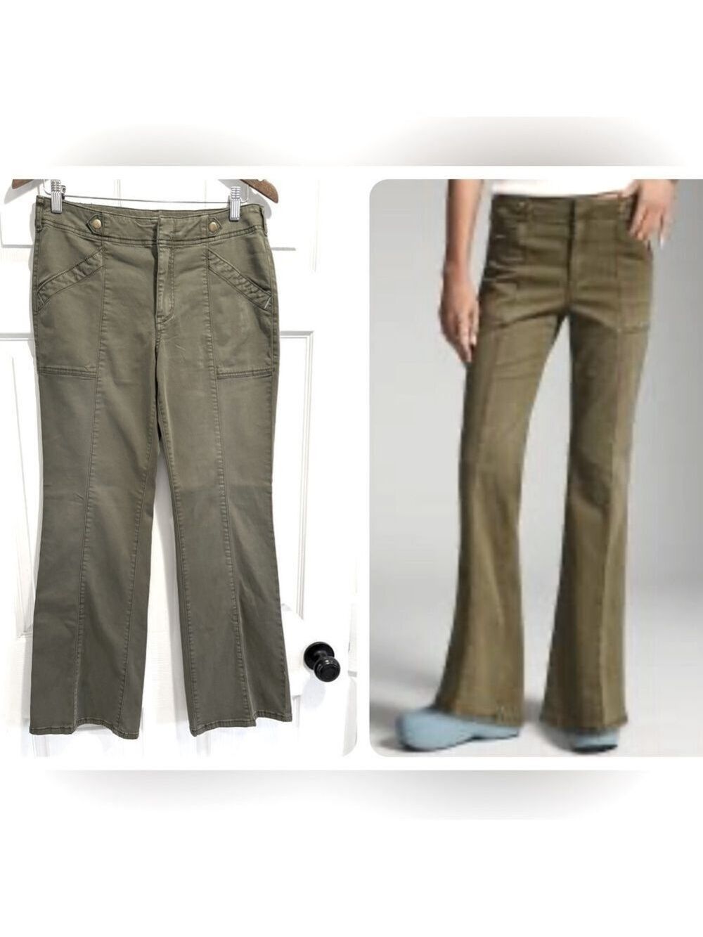 ANTHROPOLOGIE Pilcro Low-Rise Utility Demilune Boot Cut Pants Olive Green Sz 27